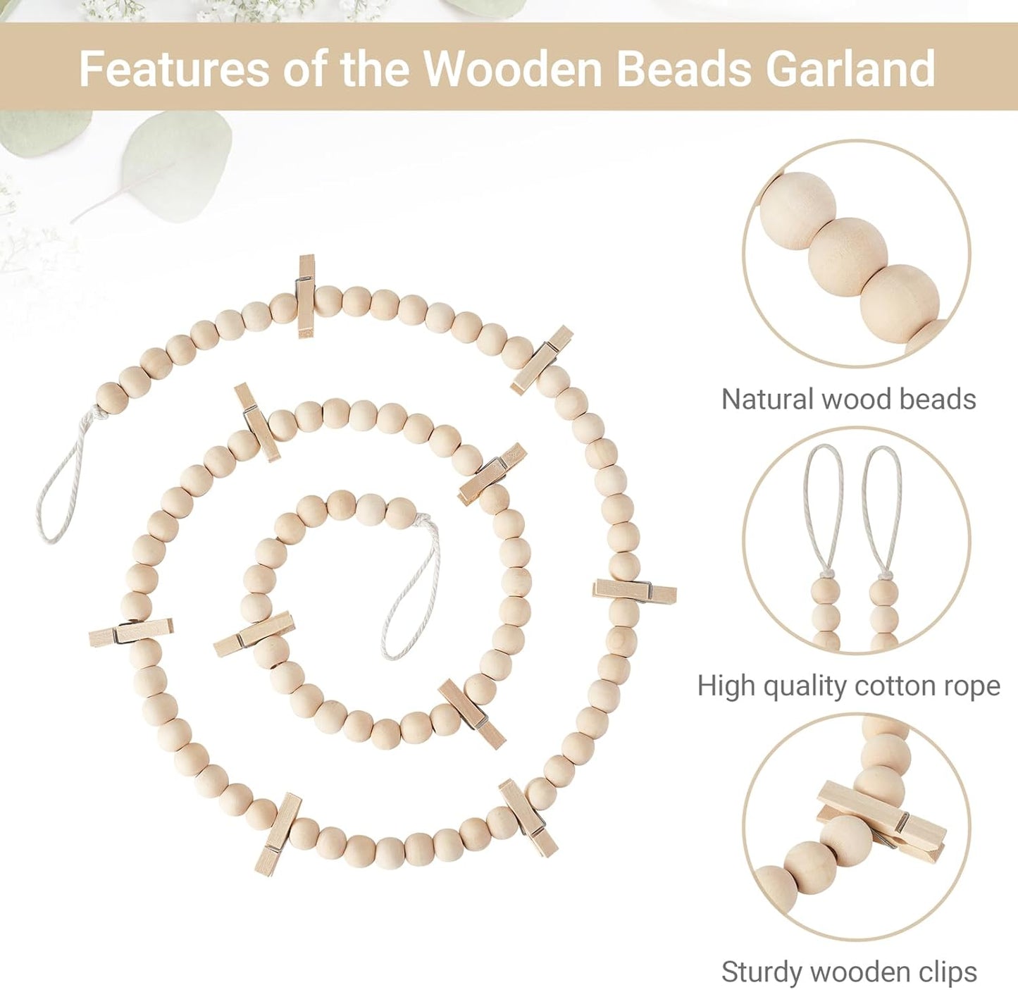 Mkono Hanging Photo Display with Clips, Boho Wooden Bead Garland Banner, Collage Card Picture Kids Art Holder String with 10 Clips for Christmas Bedroom Dorm Decor, Teen Girl Gifts, Brown, 2 Pack