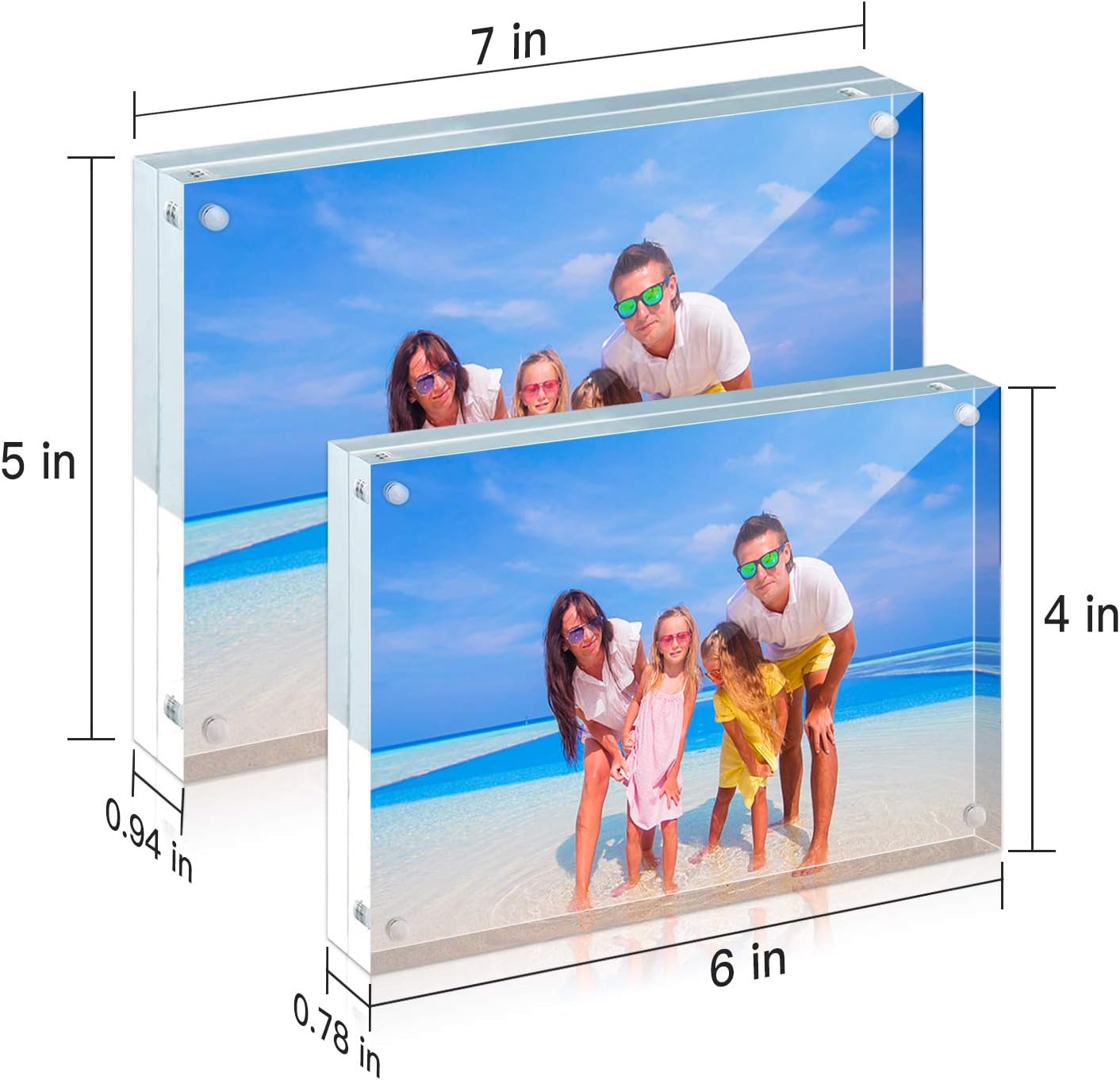 HELPLEX 6 Pack Acrylic Frame, 5x7&4x6 Combinations, 20% Thicker, 20-24mm Thick Acrylic Picture Frames, Frameless Clear Double Sided Magnetic Frame, Free Standing Desktop Display Stand Acrylic Frames