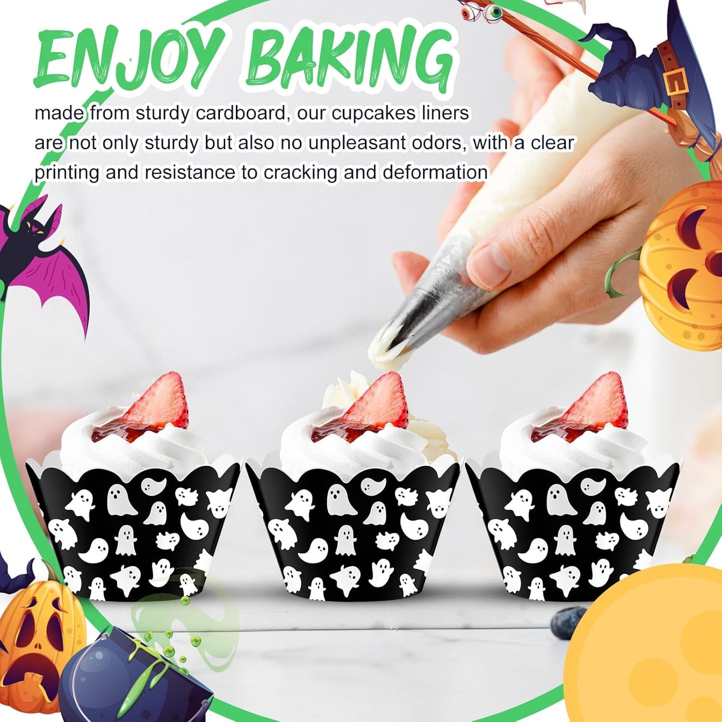 Domensi 100 Pcs Halloween Ghost Cupcake Wrappers Cupcake Liners Ghost Baking Cups Baking Liners for Wedding Bridal Baby Shower Birthday Halloween Party Supplies Dessert Decoration