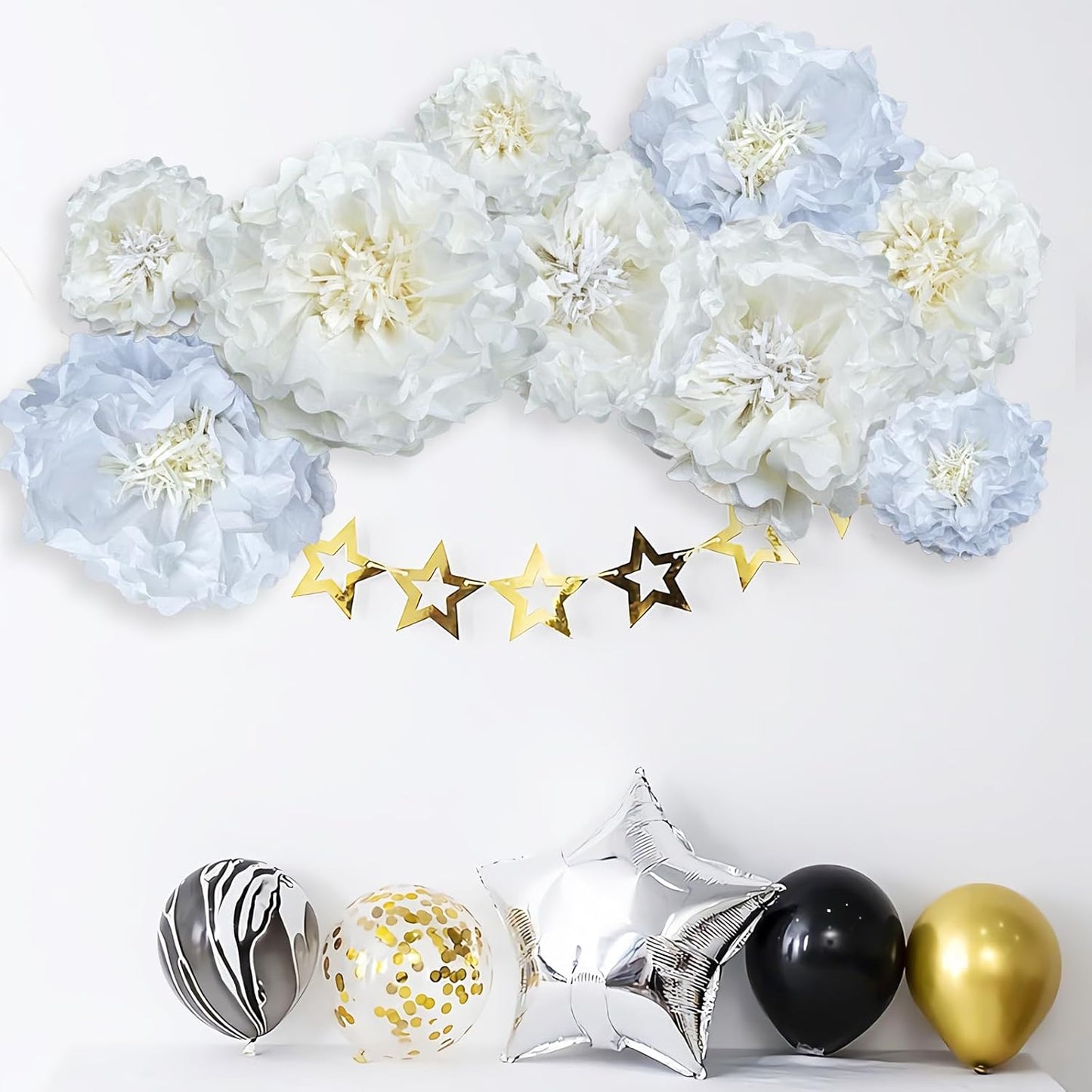 White Paper Flower Pom Poms Wall Decorations for Birthdays, Bridal, Baby Showers, Weddings, Outdoor Decor, Tea Parties, Engagement