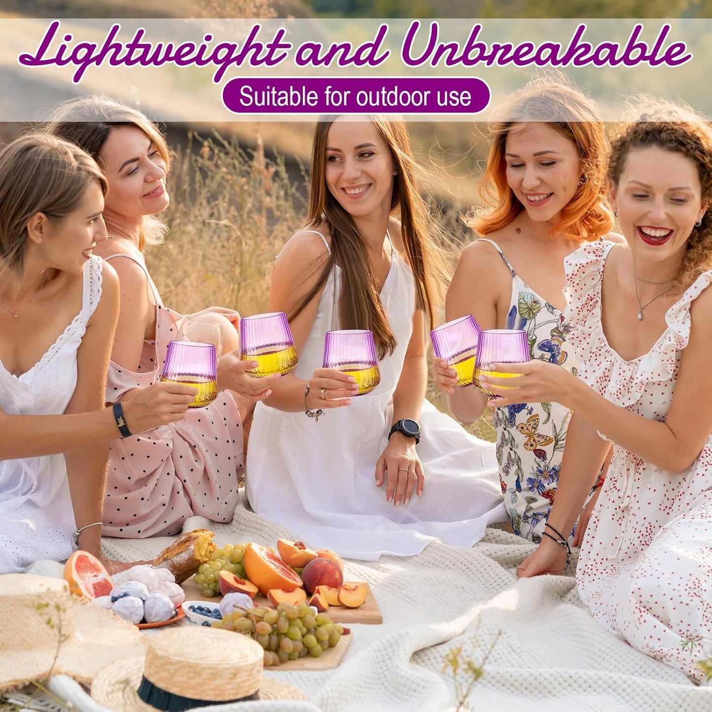 Suclain 50 Pcs Plastic Wine Glasses Ribbed Stemless Wine Glasses 14oz Vertical Design Unbreakable Cups for Outdoor Indoor Vintage Elegant Champagne Whiskey Cups for Party Wedding (Purple)