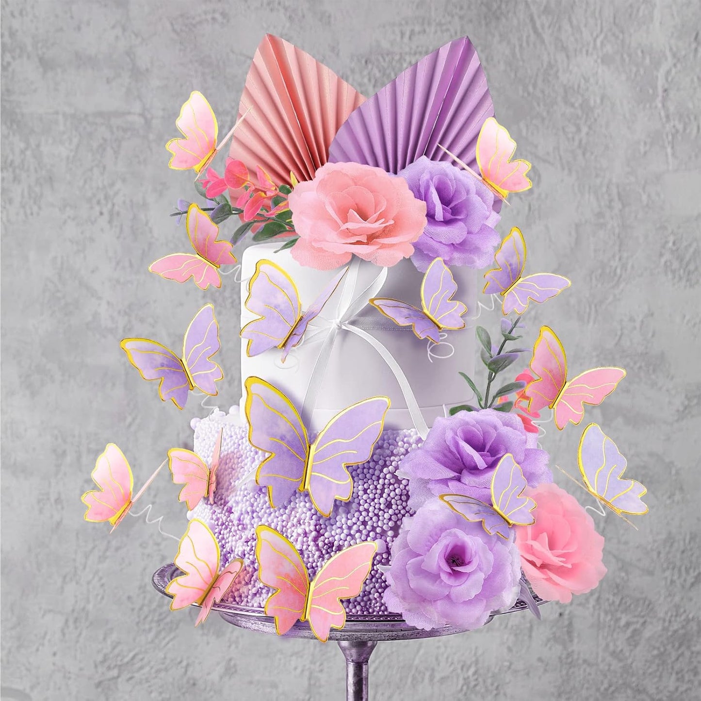 Shimeyao 52 Pcs Wedding Birthday Gold Cake Decoration Boho Cake Topper Pink Purple Flower Butterfly Palm Leaves Balls Toppers for Women Baby Shower Party Decoration(Candy Color)