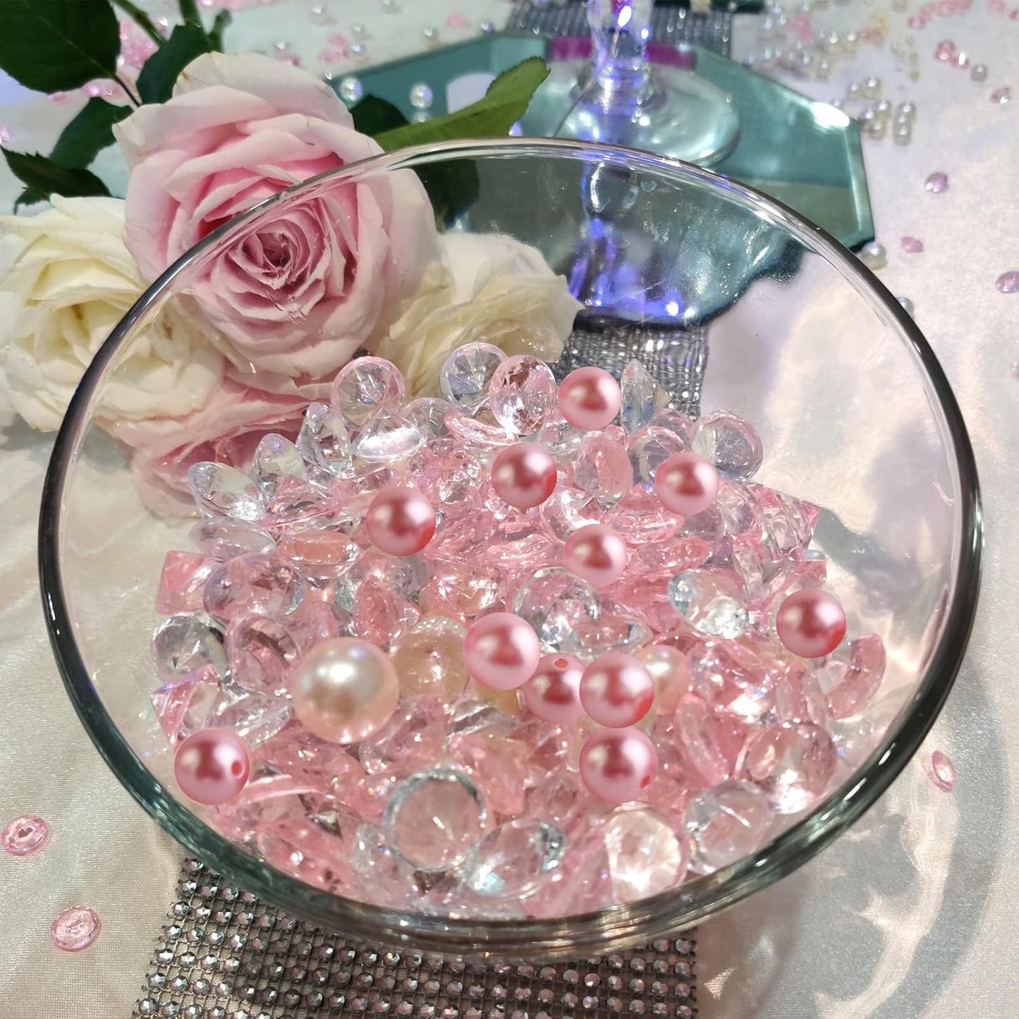 HappyFiller 1075 PCS Floating Pearl Beads,Gems for Centerpiece,Vase Filler Fink Faux Pearls Fake Crystal Diamonds,Table Candles Party Wedding Decoration 14 OZ