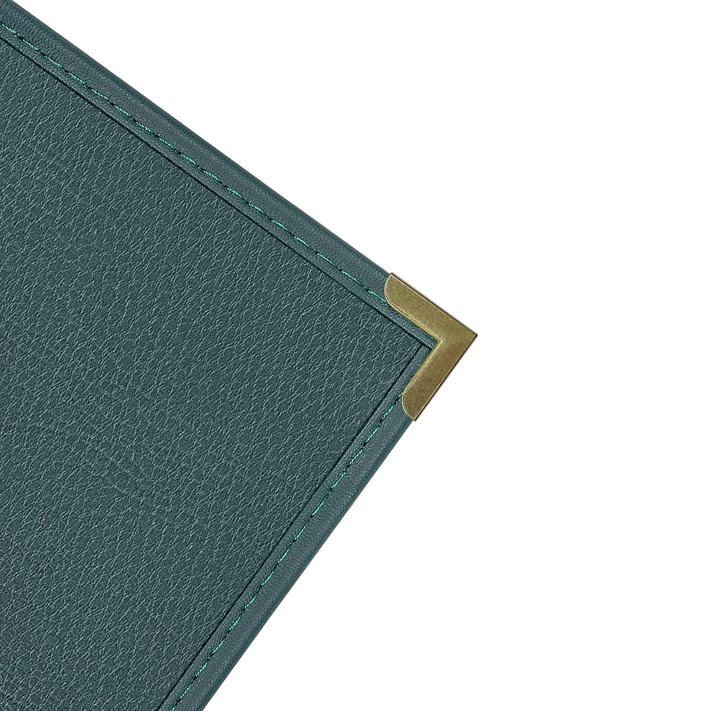 Goodsmart Pajco Style Restaurant Menu Covers – Pack of 10, Side-Loading Menu Holders, Single Stitched Edge, Clear Vinyl Menu Sleeves, Leatherette Trim, Gold Corners, Green, 2 View (8.5" x 14")