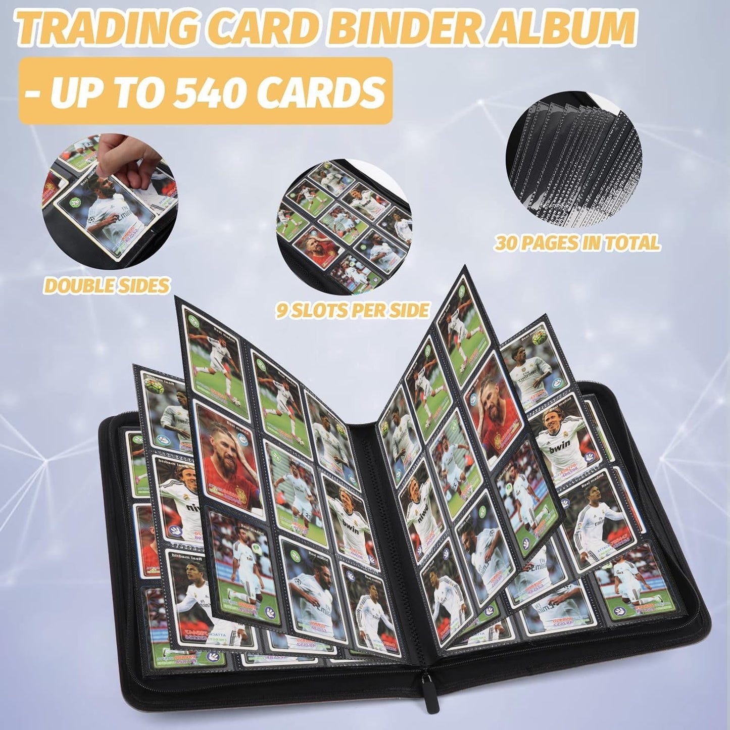 9 Pocket Card Binder, Premium Zip Trading Card Binder, 540 Double Sided Pocket PU Collection Binder, Collector Album, Card Folder for MTG, TCG, Sports Cards (Black)