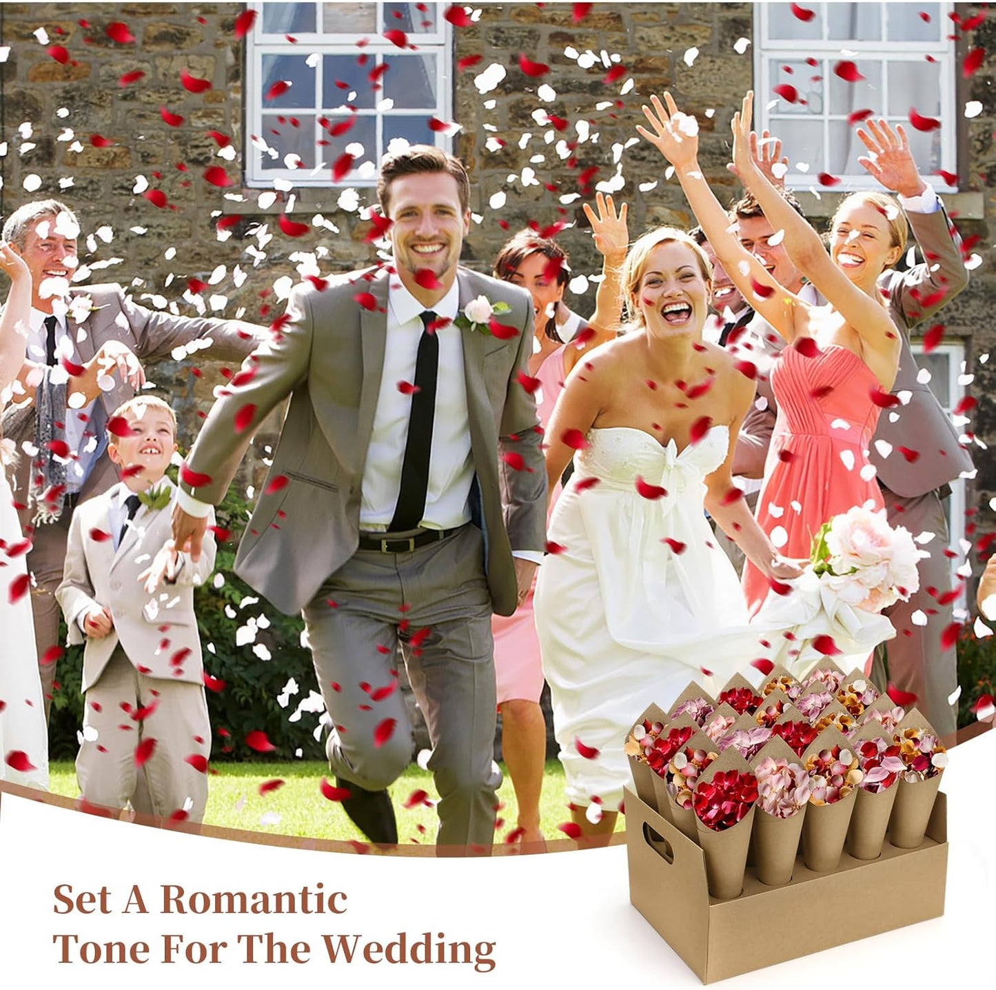 2 Set Wedding Confetti Cone Stand Box, 2 Party Cardboard Cone Holders Trays of 20 Holes Each with 40 Kraft Cone Paper for Wedding, Party, Celebration, Decoration
