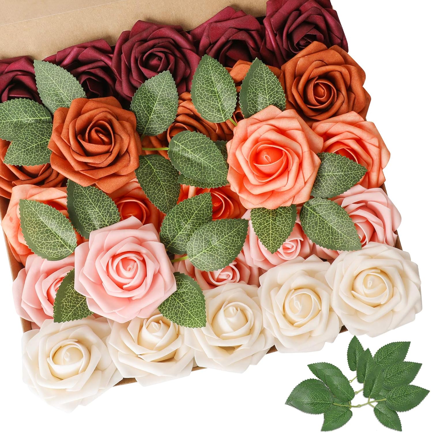 Artificial rose flowers in mixed colors with green leaves
