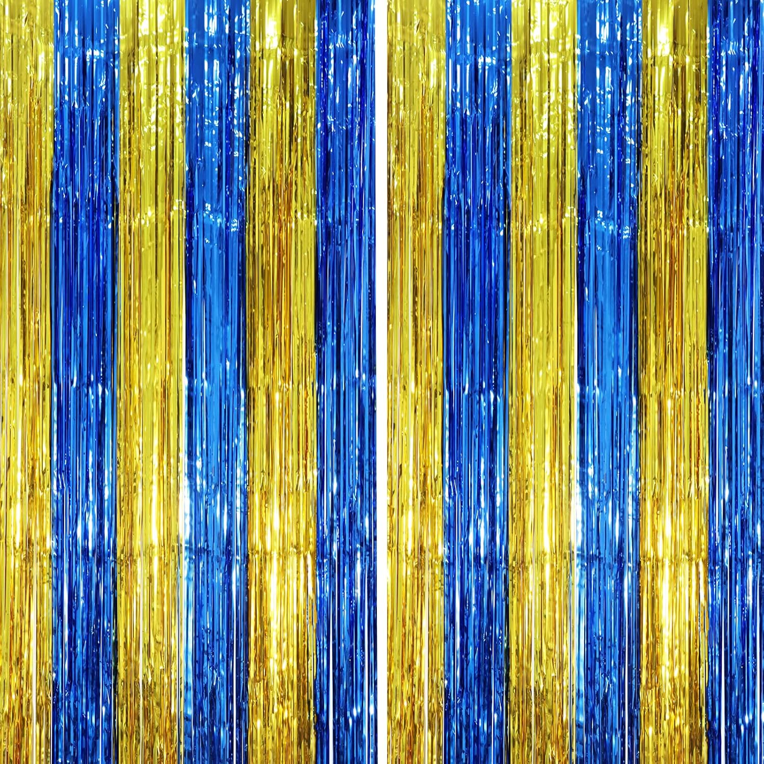 Foil fringe backdrop for party decorations in blue and gold