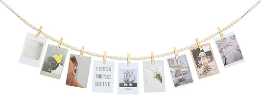 Hanging Photo Display Wall Decor, Boho Wooden Bead Garland Collage Picture Frame with 9 Wood Clips for Bedroom, Living Room, Office, Dorm Decor, Photos Holder Christmas Cards Teen Girl Gifts
