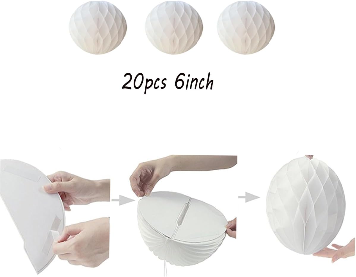 20pcs Honeycomb Flower Balls - Party Decor, Tissue Paper Pom Poms (6inch, White)