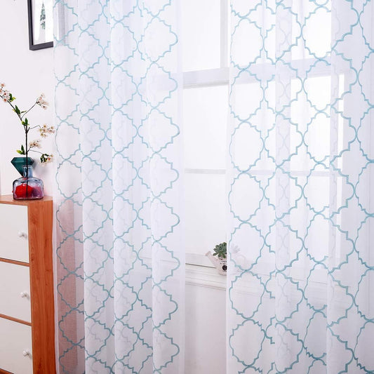 Blue Sheer Curtains 84 Inches Long, Moroccan Embroidered Rod Pocket Sheer Drapes for Living room, Bedroom, 2 Panels, 52"x 84", Semi Crinkle Voile Window Treatments for Yard, Patio, Villa, Set of 2.