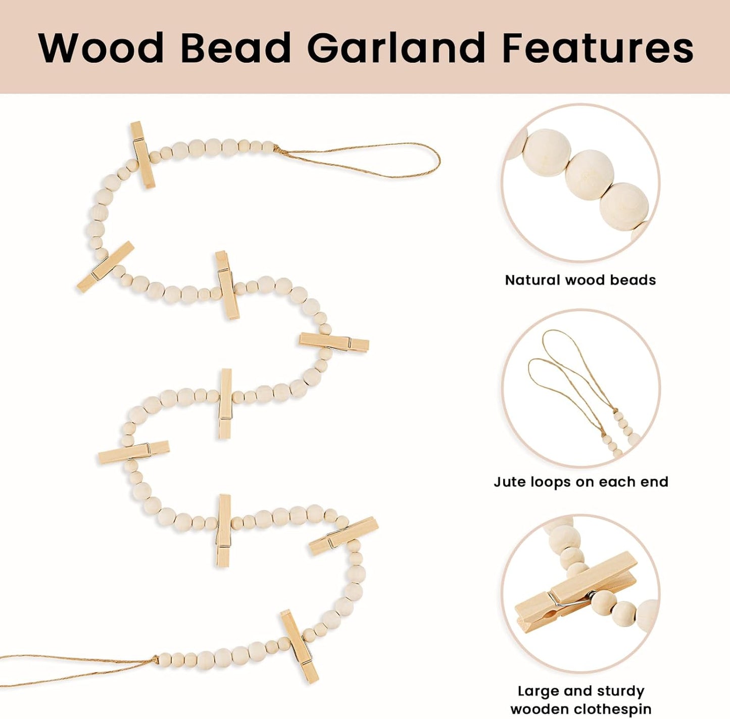 Hanging Photo Display Wall Decor, 3PCS Boho Wooden Bead Garland Collage Picture Frame with 9 Wood Clips for Bedroom, Living Room, Office, Dorm Decor, Photos Holder Teen Girl Gifts