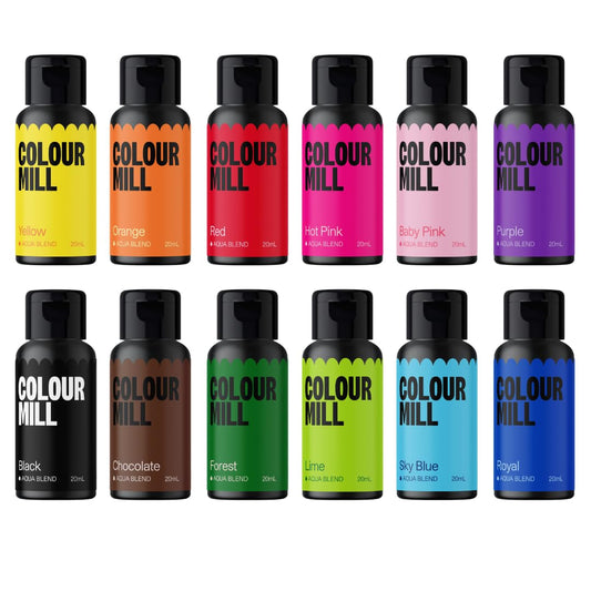 Colour Mill Kickstarter Pack Aqua Blend Water-Based Food Coloring, 20 Milliliters Baby Pink, Black, Chocolate, Forest, Hot Pink, Lime, Orange, Purple, Red, Royal, Sky Blue & Yellow