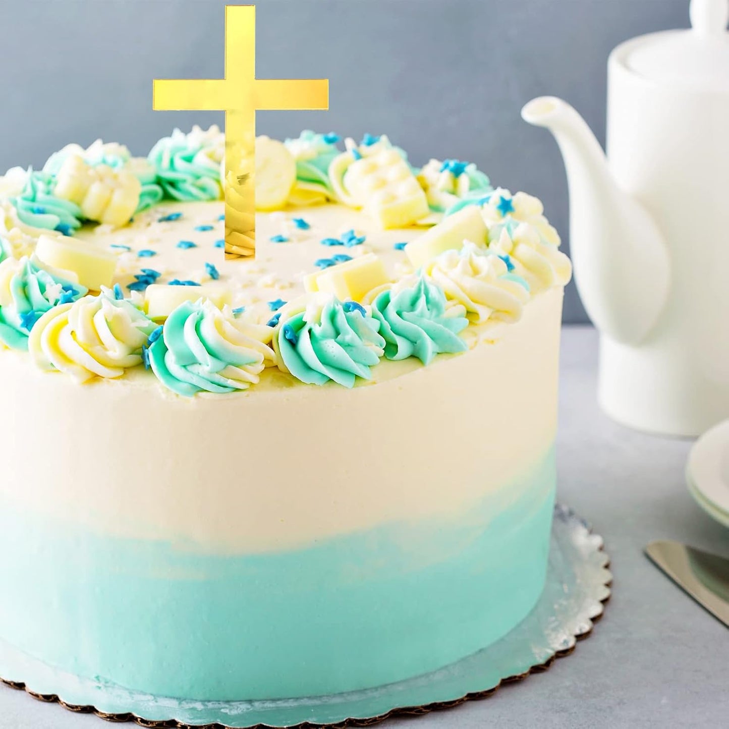 Blulu 16 Pieces Baptism Cake Toppers Crossing Cupcake Toppers Gold Mirror Acrylic Cake Picks Baptism Decor Christian Decorations(Classic Style)