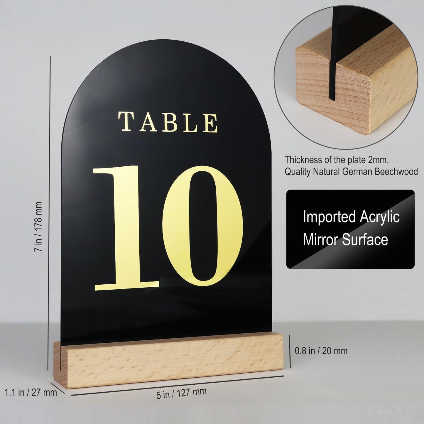 Wedding Table Numbers 1-20, Acrylic Arch Signs with Natural Wood Stands Holders, Rustic Table Decor for Reception & Parties (Black Gold)