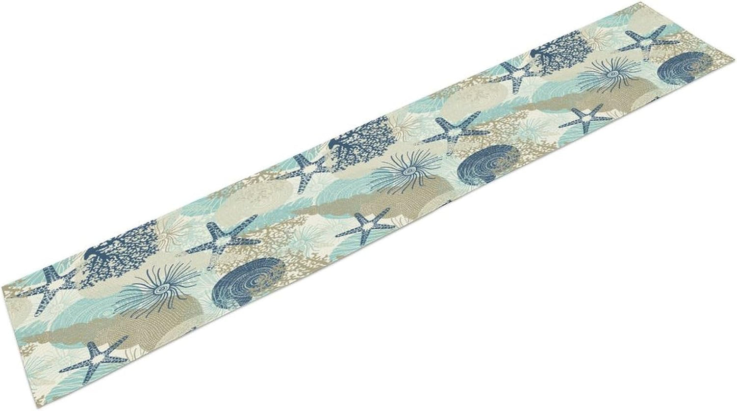 Nautical Coastal Table Runner，Ocean Themed Starfish Coral Conch Beach Kitchen Dinning Table Decoration for Indoor Outdoor Home Party Decor 13x120 Inch