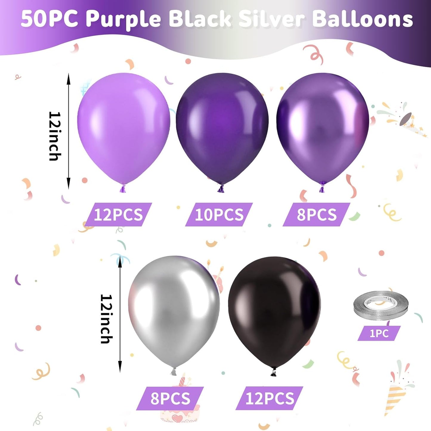 Purple Black Silver Balloons, 50pcs Purple and Black Balloons, Metallic Purple Silver Balloon for Birthday Baby Shower Halloween Theme Party Wedding Graduation Bridal Shower Bachelorette Decorations