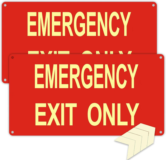 (2Pack) Photoluminescent Emergency Exit Sign Red, Glow In The Dark Aluminum Exit Sign - Adhesive Backing - 4pcs Removable Arrows Included - 14.25 x 7.5 Inches - Non Electrical Exit