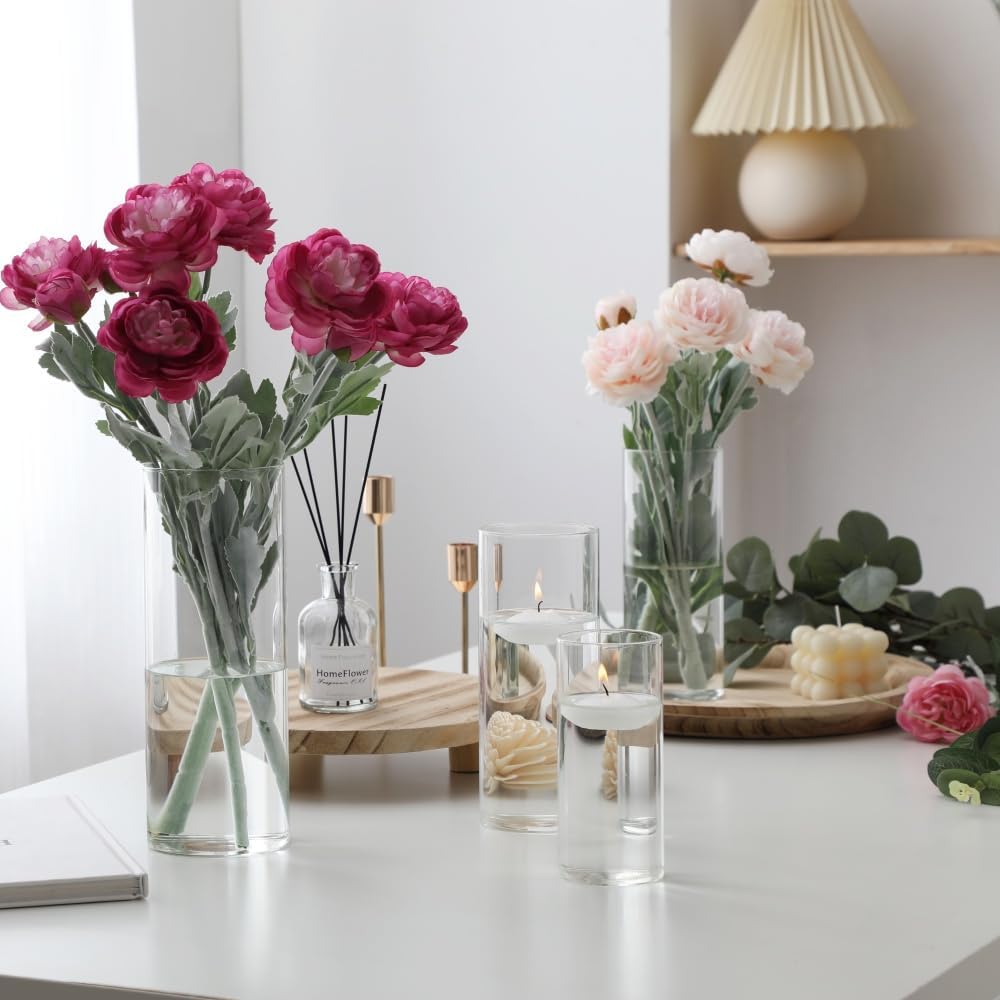 Set of 16 Pcs Glass Cylinder Vases for Centerpieces with 24 Pcs White Floating Candles for Centerpieces Glass Candle Holder for Table Shelf Wedding Party Home Decor (4"+6"+8"+10")