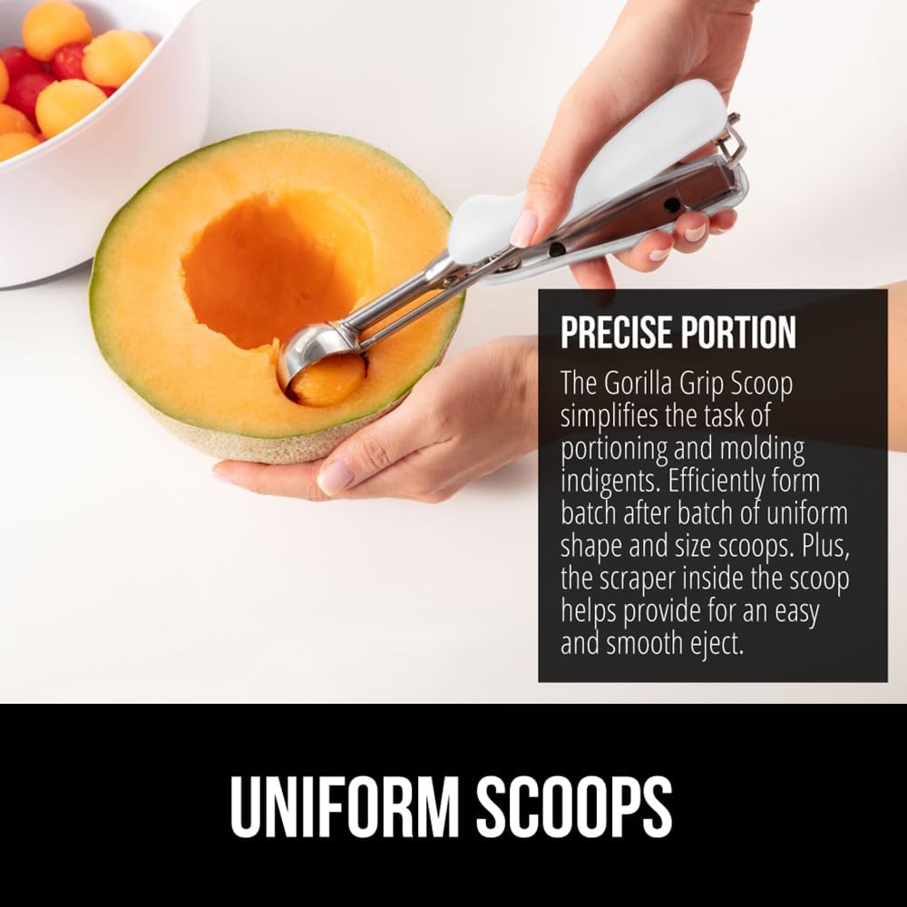 GORILLA GRIP Stainless Steel Multipurpose BPA-Free Spring Scoop, 2 TSP, Melon Ballers, Cookie Dough Scoops, Perfect Portion Sizes, Easy Squeeze and Clean Release, Scooper Size 100, White