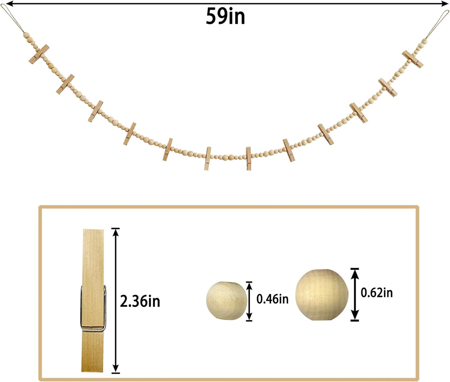 2PCS Hanging Photo Display with Clips, Photo String with 12 Clips, Boho Wooden Bead Garland Collage Picture for Classroom, Bedroom, Office Wall Decor