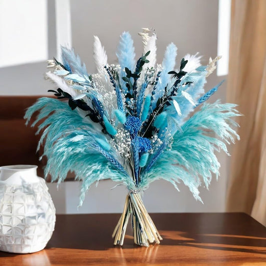 Blue Dried Flowers Bouquet with Pampas Grass - Boho Home Decor and DIY Floral Arrangements for Bedroom, Office, and Wedding Centerpieces