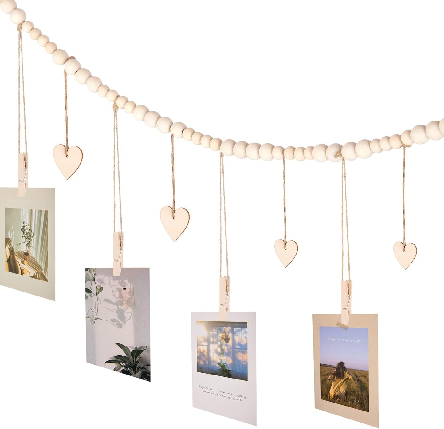Hanging Photo Display Room Wall Decor, Boho Collage Picture Frame Christmas Cards Holder, Photo Hanger with 9 Wood Clips and 6 Wooden Hearts Tags for Home, Bedroom, Office, Nursery, Dorm Decor (3)