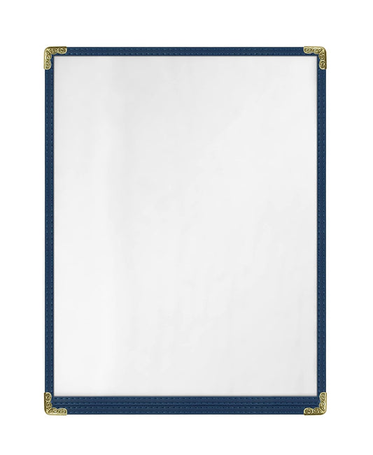 Goodsmart Restaurant Menu Covers – 25 Pack Blue 2-View, Top-Loading Menu Holders, Vinyl & Plastic Café Menu Covers, Clear Menu Sleeves, Fits 8.5" x 11", Leather-Style Design, Gold Corners