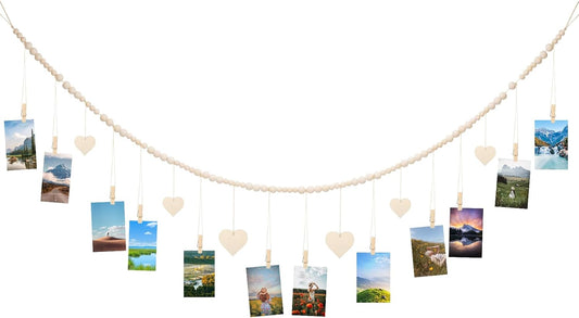 joycraft 5Ft Photo Banner with Clips, Photo Garland with Wooden Beads, Photo Clip String, Boho Photo Display for Bedroom, Office, Dorm, and Party Decor(11Pcs Clips + 6Pcs Wooden Heart Tags)