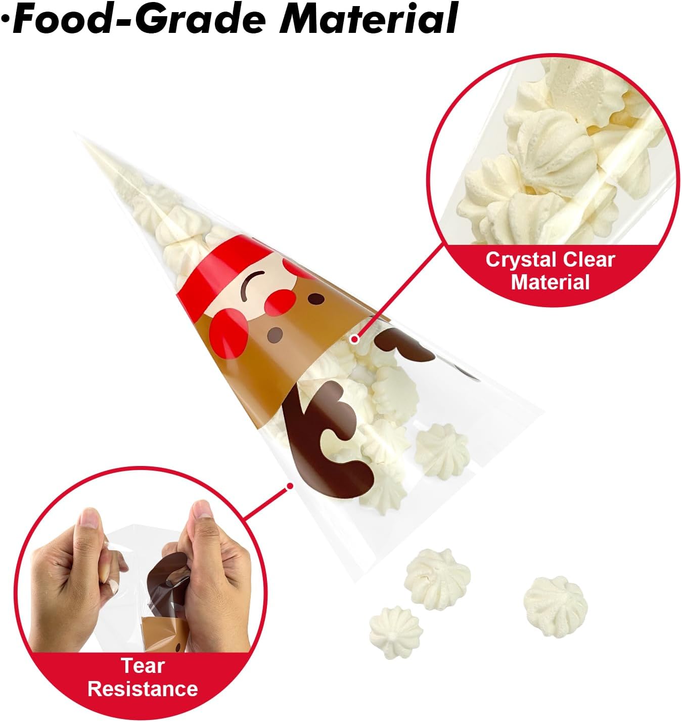 EKAPACKAGING 50Pcs 6x10 Inches Reindeer Print Cone Shaped Treat Bags with Ties, Christmas Clear Cellophane Bags, Party Favor Bags for Popcorn, Cookies, Cotton Candy, Gift, and Pretzel Rod
