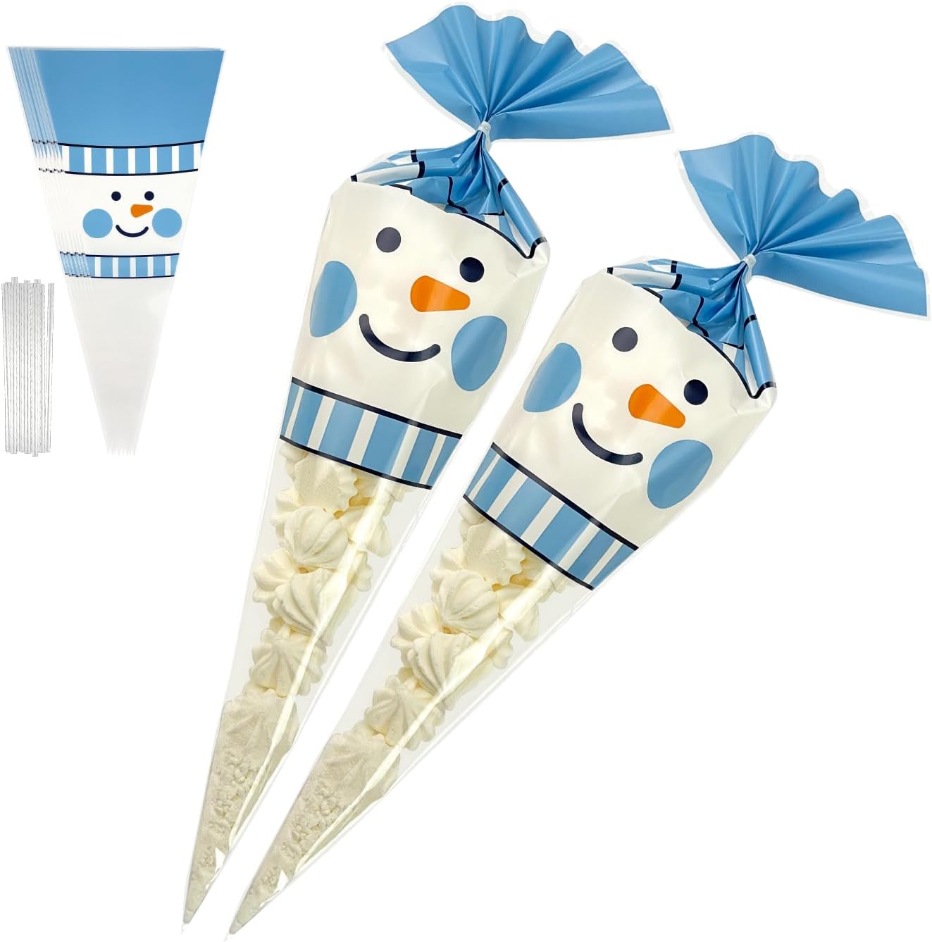 EKAPACKAGING 50Pcs 7x15 Inches Snowman Print Cone Shaped Treat Bags with Ties, Christmas Clear Cellophane Bags, Party Favor Bags for Popcorn, Cookies, Cotton Candy, Gift, and Pretzel Rod