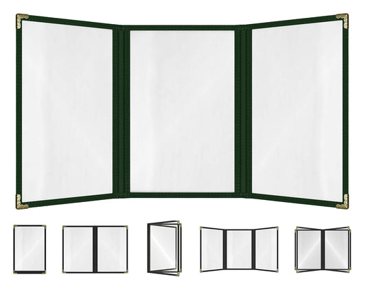 Goodsmart Restaurant Menu Covers – 25 Pack Green 6-View Trifold 5.5" x 8.5", Side-Loading Vinyl & Plastic Menu Holders, Clear Menu Sleeves, Leather-Style Café Covers with Gold Corners