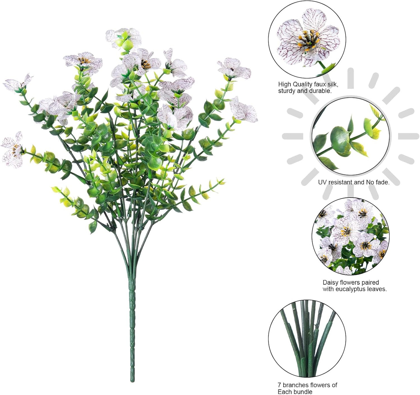 HyeFlora Artificial Flowers for Outdoor Indoor Garden Home Decoration, Faux Flower Daisy with Eucalyptus Leaves Fake Plants Greenery Boxwood Porch Patio, 12 Bundles (Creamy White)