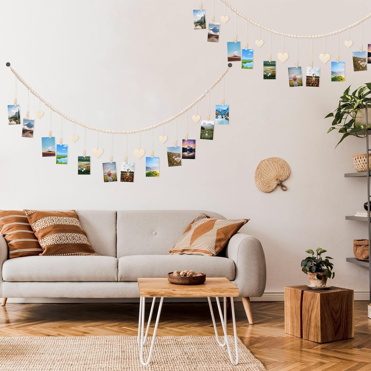 joycraft 5Ft Photo Banner with Clips, Photo Garland with Wooden Beads, Photo Clip String, Boho Photo Display for Bedroom, Office, Dorm, and Party Decor(11Pcs Clips + 6Pcs Wooden Heart Tags)