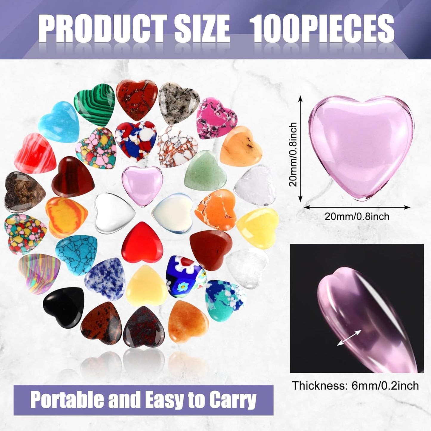 100PCS Worry Stones Heart Shape Healing Crystals, Anxiety Crystal Bulk 0.8 Inch Gem Stones Rocks Crystals Natural Cute Pocket Meditation Heart Beads Wholesale Set Gifts