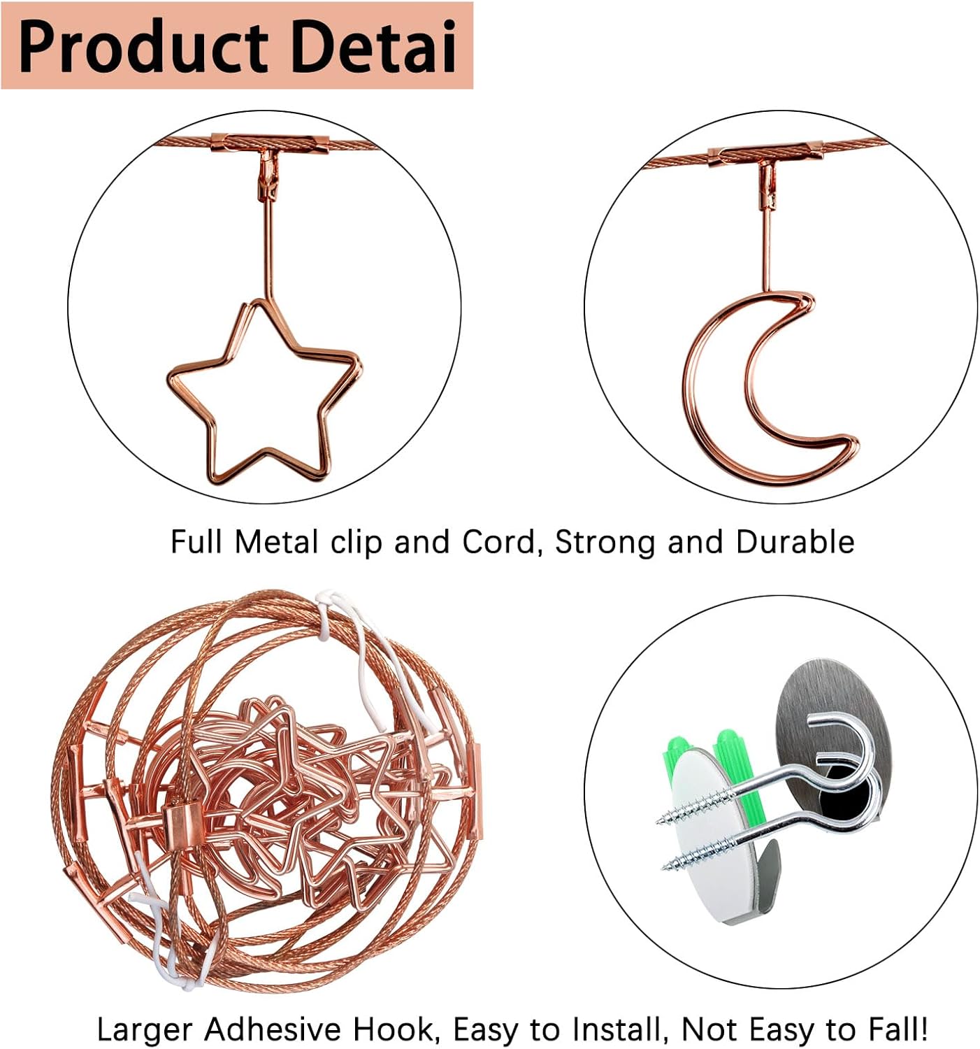 Chain Photo Clip Wall-Mounted Picture Holder Metal Photo String with 12 Clips for Hanging Painting Family Photos Artworks Home Decor(Fixed) (Rose Gold-Star and Moon)