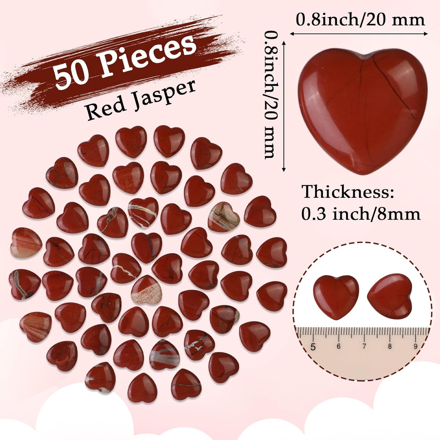Gerrii 50 Pcs Heart Healing Stone Bulk Quartz Heart Inspirational Stones Gift for Women Love Pocket Polished Natural Energy Balancing Meditation 0.8 Inch(Red)