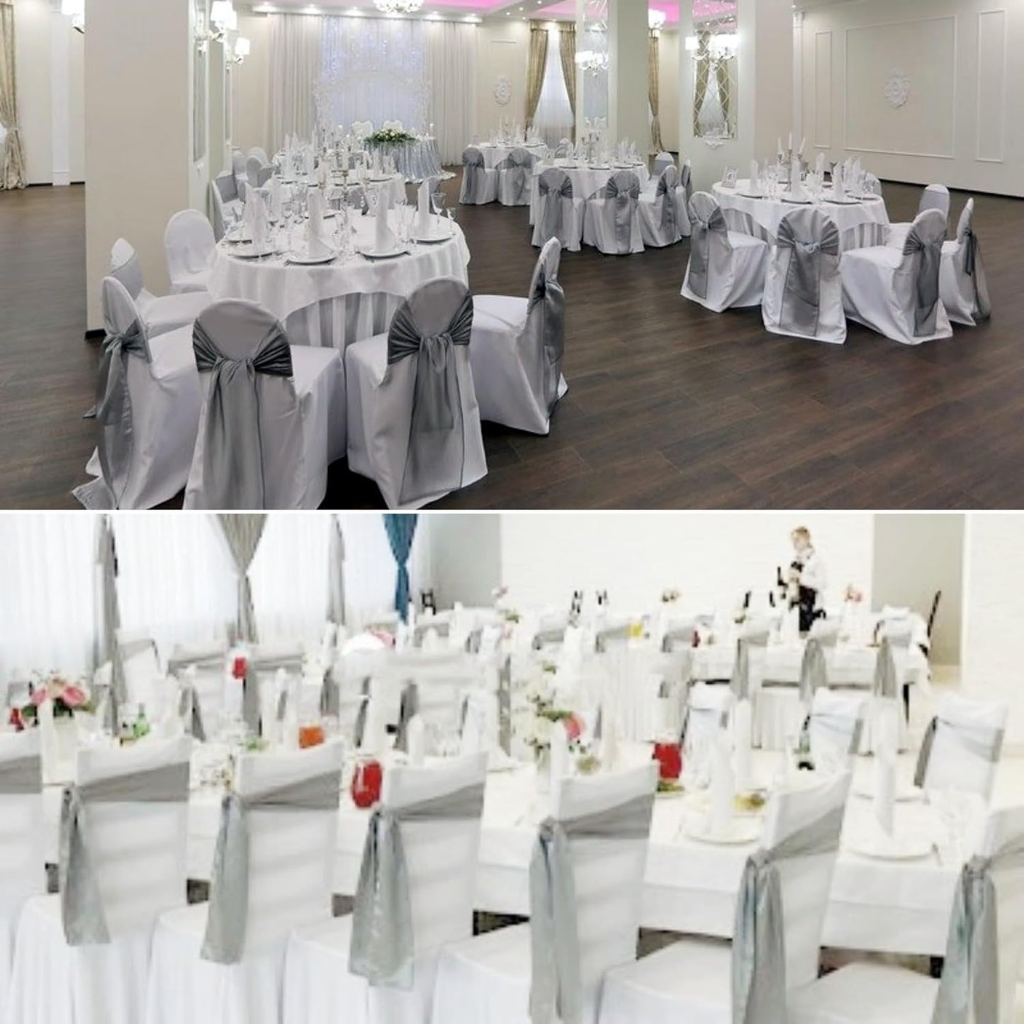 100 PCS Satin Chair Sashes Decorative Bow Chair Sashes Ties Ribbon Bows Chairs Cover Band for Wedding Birthday Party Ceremony Reception Banquet Events Hotel Home Kitchen Christmas(7x108inch,Silver)