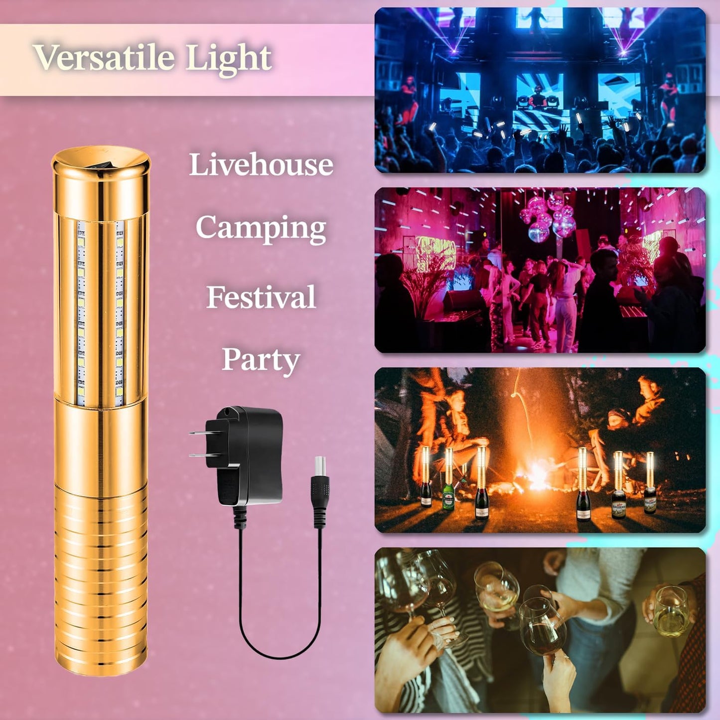 4 Packs Rechargeable LED Strobe Baton Lights Reusable Bottle Service Lights for Liquor Bottles Handheld Service Sparklers for Club Weddings Concert Outdoor Events (Gold-Colered Light, 4)