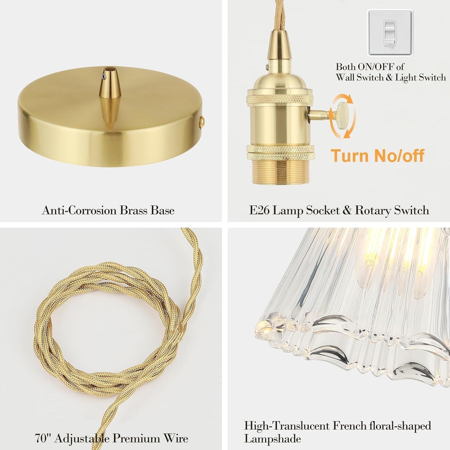 Vintage Pendant Light - Gold Hanging Lamp with French Floral Glass Shade, 70-Inch Adjustable Cord for Kitchen Island, Dining Room, Bedroom, Over Table (Hardwired)