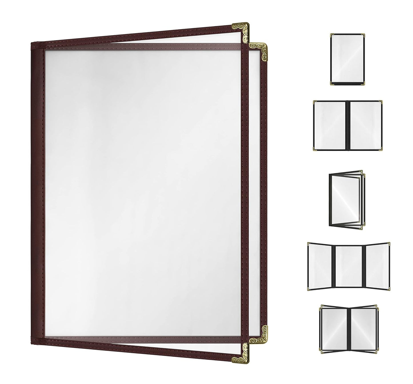Goodsmart Restaurant Menu Covers - 25 Pack Brown 8.5" x 11", 2-Page/4-View, Side-Loading Vinyl Menu Holders, Clear Sleeves, Double-Stitched Edge, Leather-Style Café Menu Covers with Gold Corners