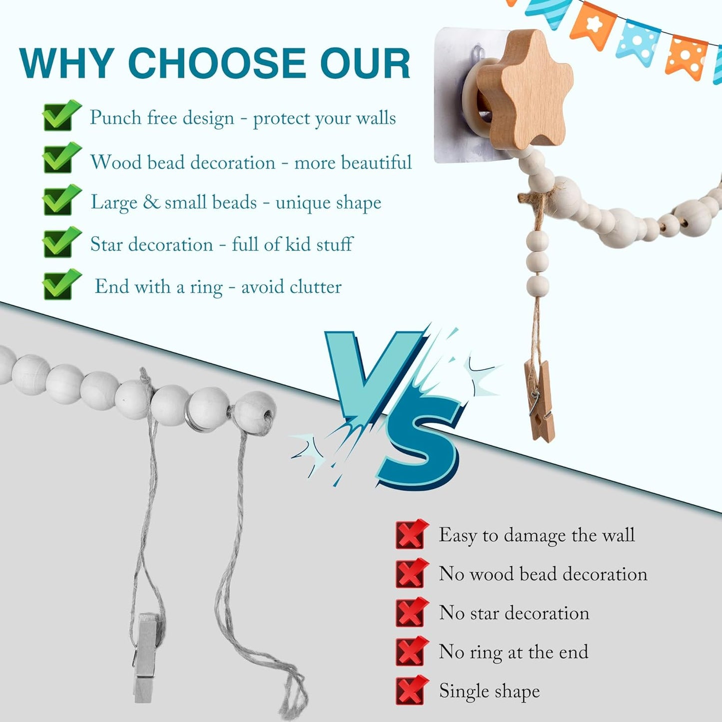 KOLLIEE Kids Artwork Display Art Wall Decor 4.93ft Boho Wooden Beaded Garland Collage Holder with Hanging Rings Wooden Stars Hook 40 Wood Clips for Kids Artwork Photo Room Bedroom Decor