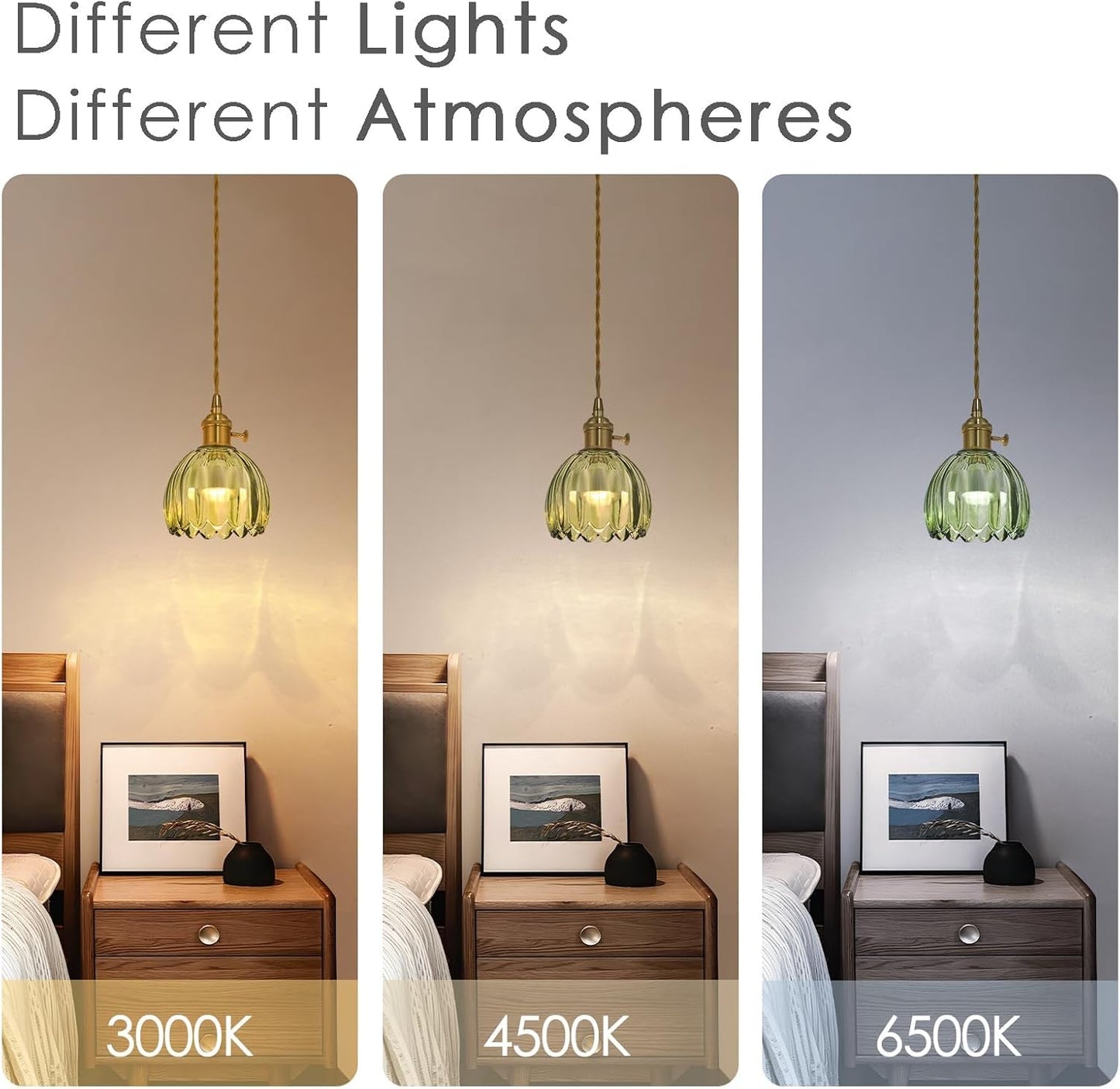 Vintage Gold Rechargeable Pendant Light with 70 Inch Cord and Exquisite Tulip Green Glass Shade for Kitchen Island, Living Room & Dining Room, Ideal Hanging Light for Multiple Spaces