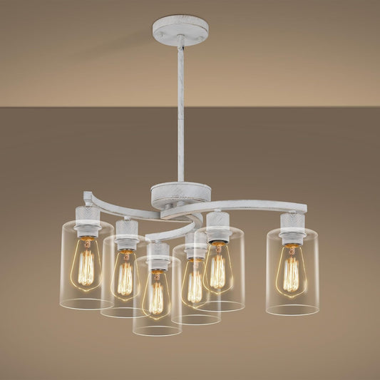 6-Light Antique White Chandelier with Clear Glass Shade, French Country Chandeliers for Dining Room, Adjustable Height Hanging Farmhouse Pendant Lighting for Kitchen Island Entryway Office