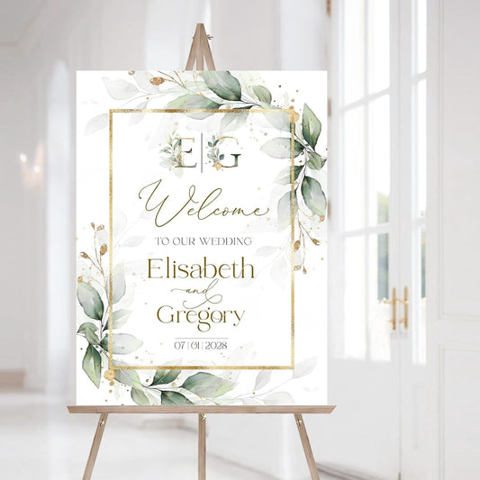 Personalized Wedding Welcome Sign, Greenery Eucalyptus Sage Gold Wedding Sign Signage 12" X 18" (Small), 27" (Medium), 36" (Large), Plastic, Modern, Pole Mount, Weather