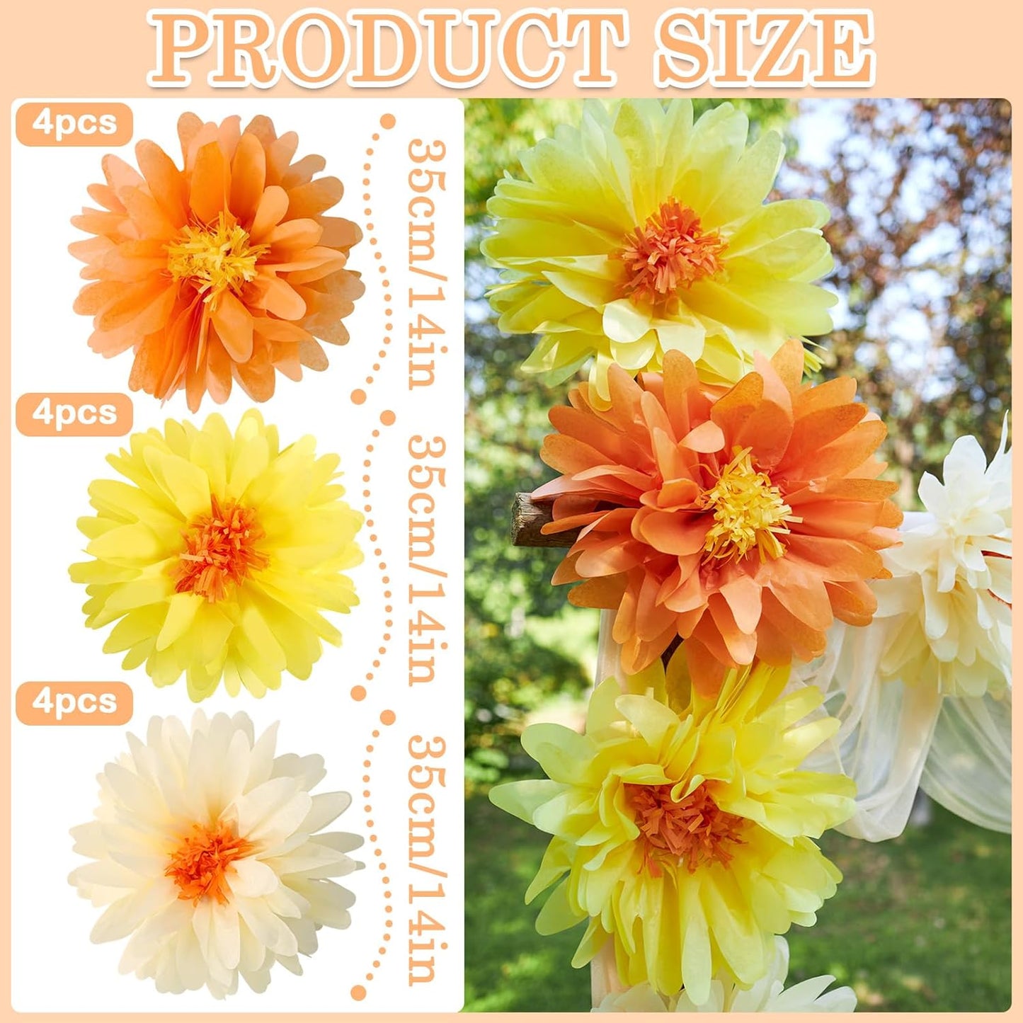 12 Pcs Daisy Tissue Paper Pom Poms Fall Party Decorations Orange Yellow Tissue Flowers Paper Flowers Decorations for Wall Groovy Backdrop Garden Hippie Wedding Thanksgiving Autumn Decor