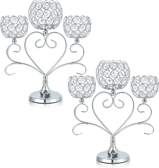 2 Pcs 3-Arm Heart Tea Light Candle Holder - Crystal & Metal Wedding Centerpiece Decor, Sparkling Table Decor for Anniversaries/Romantic Tabletop Home/Dinner Party/Events (2, Silver)