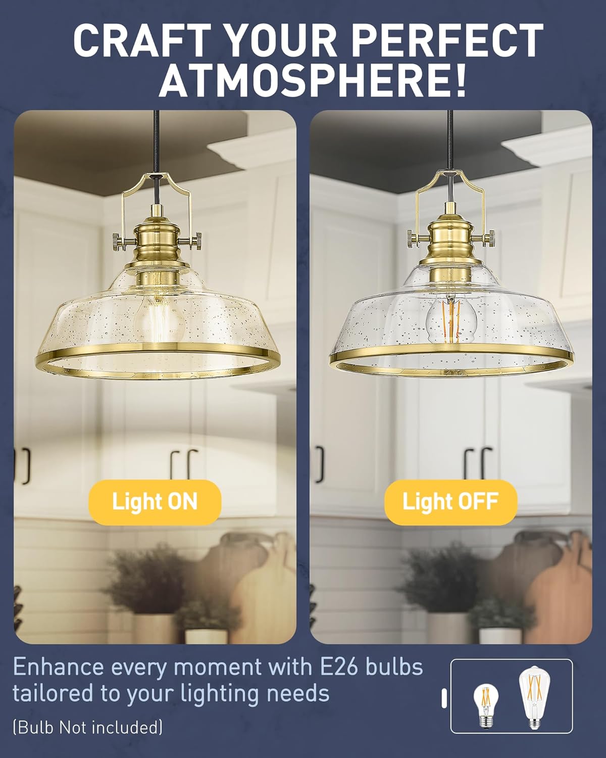 kudos 2 Pack Gold Pendant Lights Kitchen Island, 11" Brass Kitchen Island Lighting with Seeded Glass, Farmhouse Hanging Light Fixture for Kitchen Sink Dining Room Hallways, KDPL13-GD-S-2PK