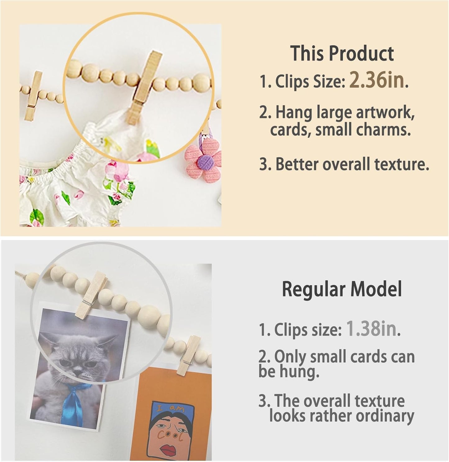 2PCS Hanging Photo Display with Clips, Photo String with 12 Clips, Boho Wooden Bead Garland Collage Picture for Classroom, Bedroom, Office Wall Decor