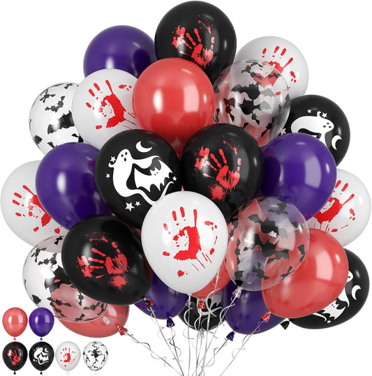 Paready Halloween Balloons, 50pcs Black Purple Red Balloons, Black White Bloody Handprint Balloon Bat Printed Balloon For Scary Halloween Masquerade Spooky Vampire Haunted Themed Birthday Party Decor